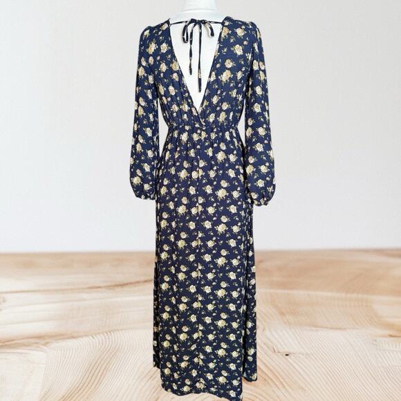 Promesa Maxi Dress Black Floral Sz M Long Balloon Sleeves Back Neck Tie Packable - Picture 10 of 12